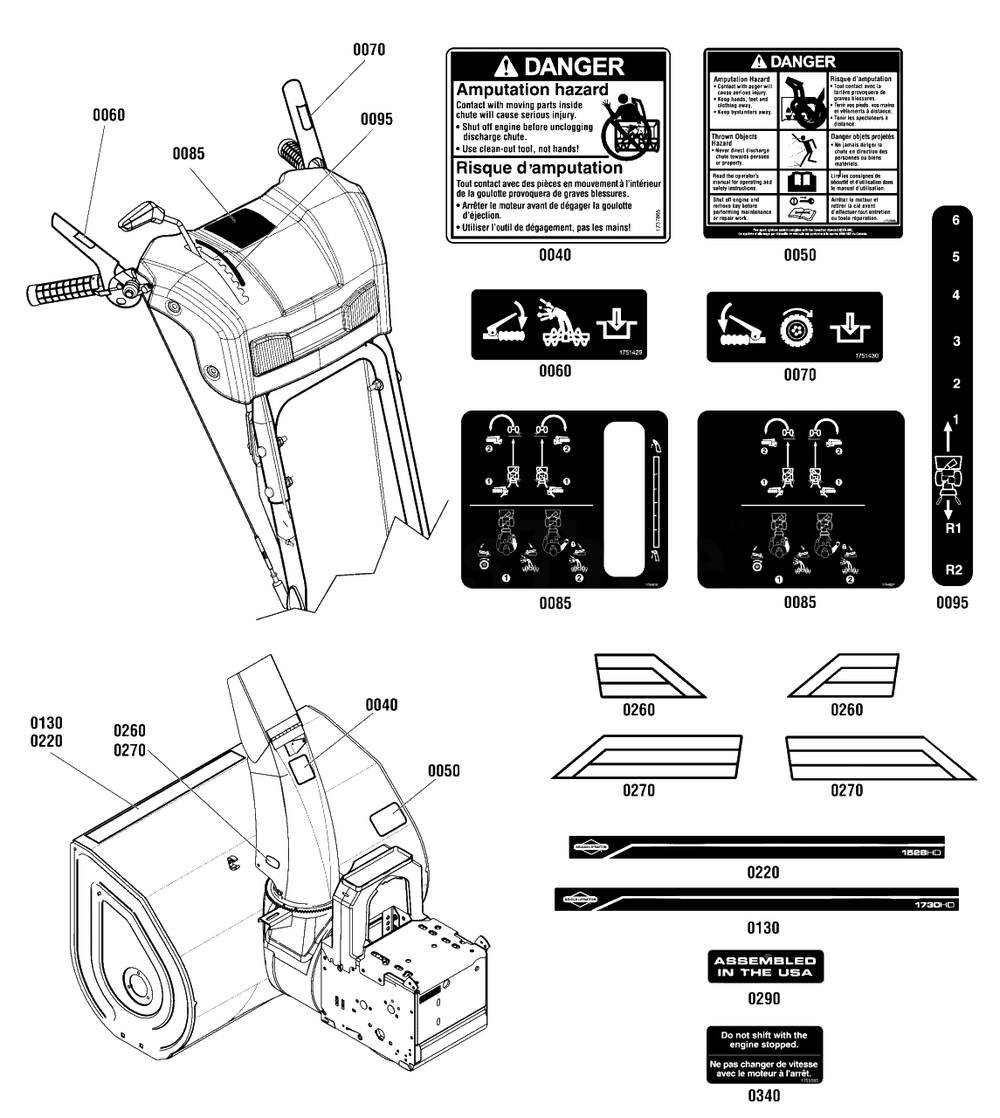 Decals Group Diagram and Parts List for 1730 (1696158-00)(2012) Briggs and Stratton Snow Blower